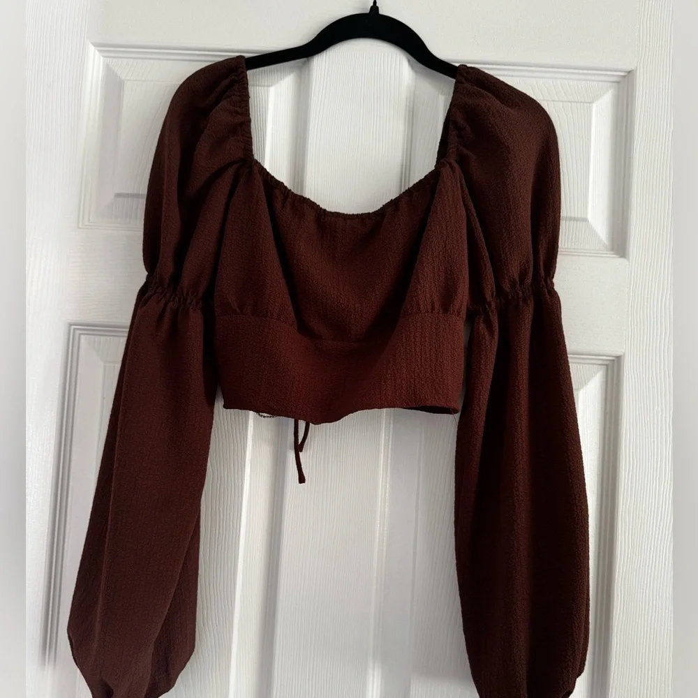 H&M Divided Brown Long Sleeve‎ Lace Up Boho Crop Top Size Small